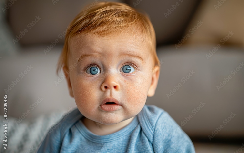 A young Slavic descent toddler with bright blue eyes stares up in wonder, mouth slightly open A young Slavic descent toddler with bright blue eyes stares up in wonder, mouth slightly open