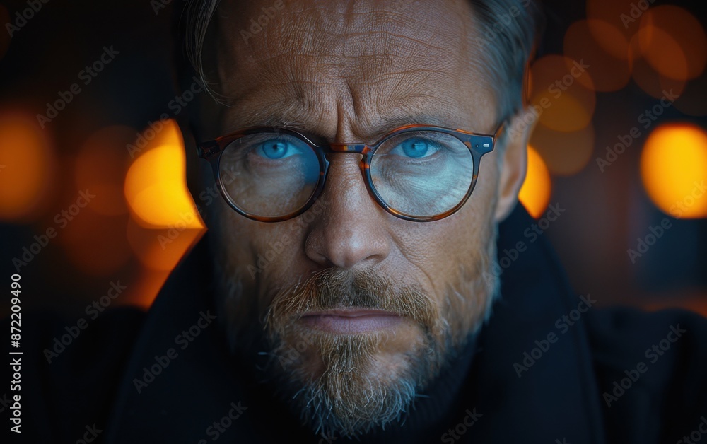 A man with a beard and glasses, wearing a dark jacket, stares intensely at the camera. The scene is dimly lit, with blurred lights in the background A man with a beard and glasses, wearing a dark jacket, stares intensely at the camera. The scene is dimly lit, with blurred lights in the background