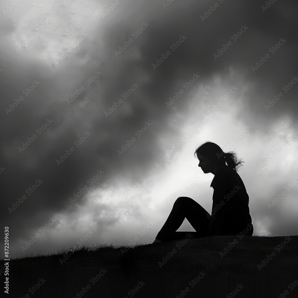 Silhouette of a Person Sitting Alone Under Dark Clouds Silhouette of a Person Sitting Alone Under Dark Clouds