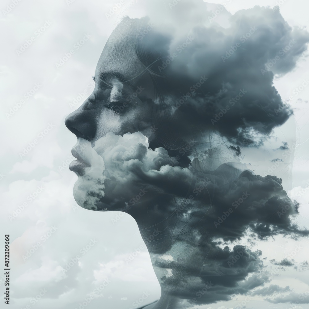 Double Exposure of a Woman's Profile with Dark Clouds Symbolizing Depression