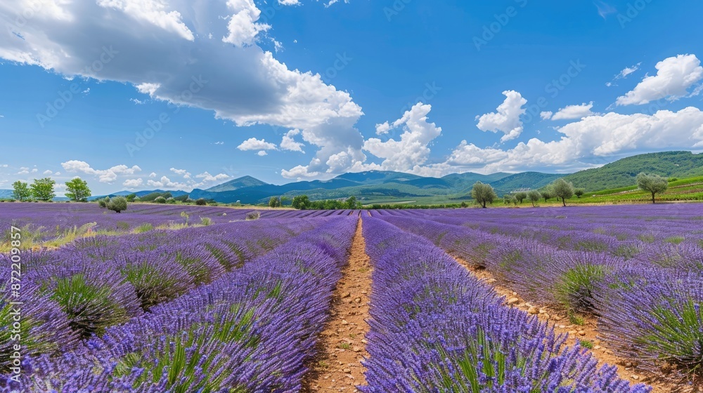 Vibrant Lavender Garden Landscape with Rolling Hills and Fluffy Clouds in the Sky Vibrant Lavender Garden Landscape with Rolling Hills and Fluffy Clouds in the Sky