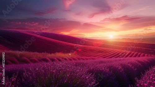Breathtaking Lavender Field Sunset with Warm Golden Hour Lighting and Rolling Hills © Varunee