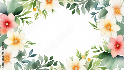 Watercolor floral composition, white background, flowers along the edges, frame for potscards, invitation