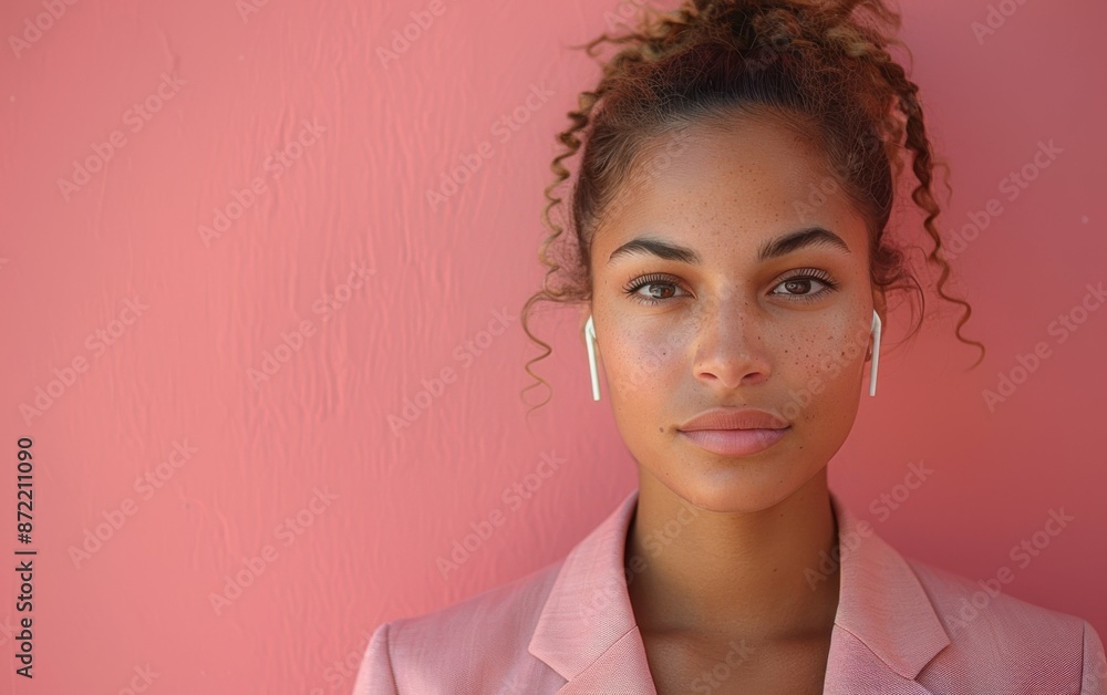 A Native American woman with curly hair and a pink blazer stands against a pink wall. She wears wireless earbuds and stares intensely at the camera A Native American woman with curly hair and a pink blazer stands against a pink wall. She wears wireless earbuds and stares intensely at the camera