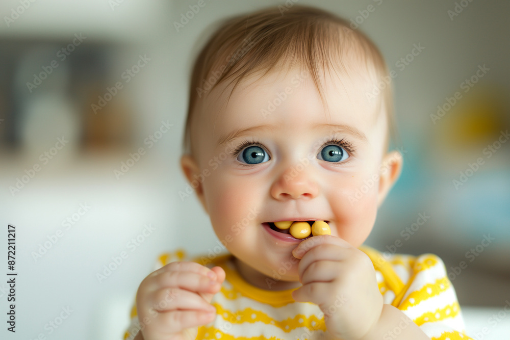 Curious little one explores new flavors, eagerly nibbling on finger foods with a smile of pure delight Curious little one explores new flavors, eagerly nibbling on finger foods with a smile of pure delight