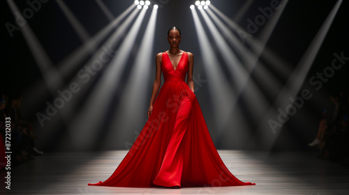 Elegant model in vibrant red gown strutting down runway under spotlights during high-fashion show 