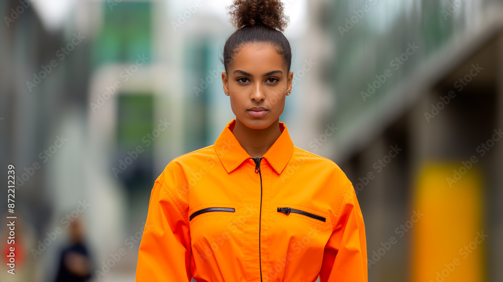 Fototapeta premium Fashion show, Confident model in a vibrant orange jumpsuit radiating modern street style on high-fashion runway 