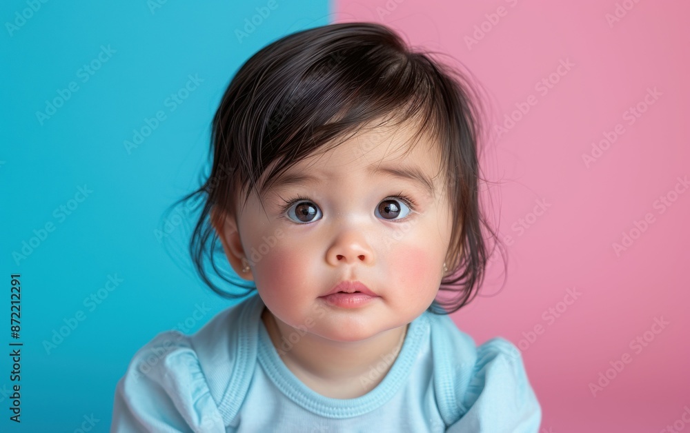 A Native American toddler in a light blue shirt gazes at the camera with dark hair and blue eyes. The background is split between blue and pink A Native American toddler in a light blue shirt gazes at the camera with dark hair and blue eyes. The background is split between blue and pink