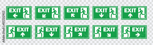 "Emergency exit sign set. Running man and exit door icons for safety and evacuation visuals."