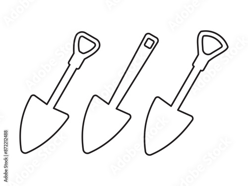 Shovel icons in outline set. Shovel symbol. Black thin line icon. Front view, Black icon of shovel isolated on white background.