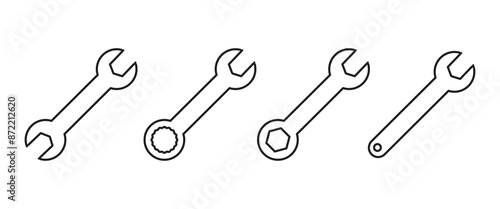 Wrench icon set. repair icon vector. tools icon vector, Spanner symbol in thin line, Mechanic spanner sign set. Professional mechanical maintain tool outline sign for UI designs.