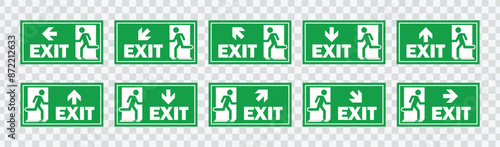 "Emergency exit sign set. Running man and exit door icons for safety and evacuation visuals."