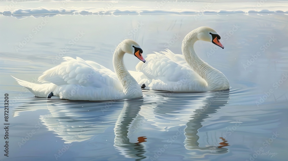Fototapeta premium Swans Reflecting Sunlight. Generative AI