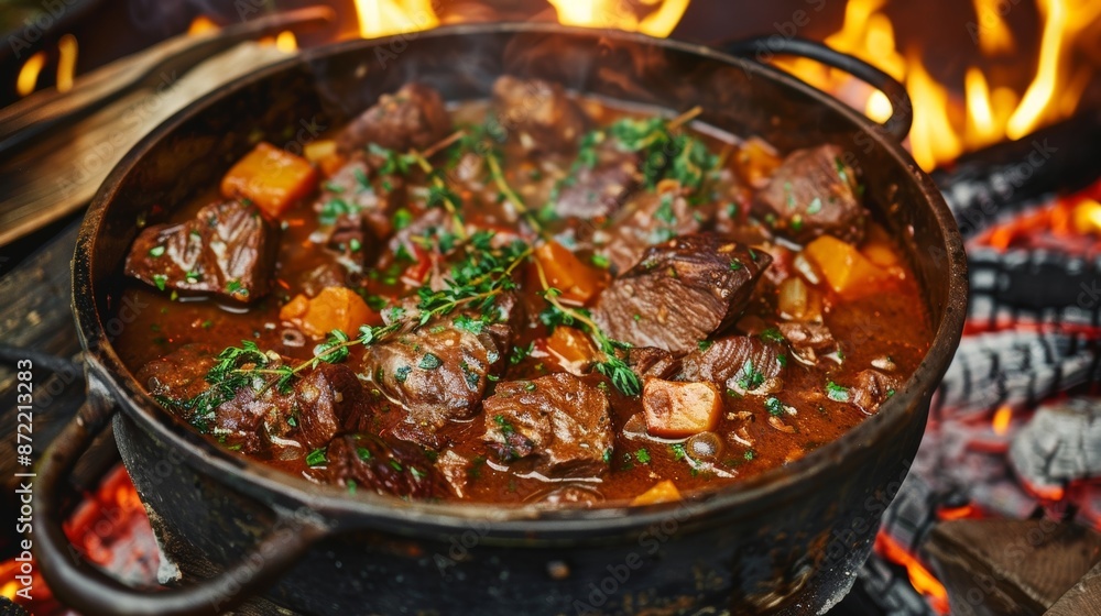 A pot of hearty stew simmered over an open fire filling the air with the aroma of savory herbs and rich meaty broth. A pot of hearty stew simmered over an open fire filling the air with the aroma of savory herbs and rich meaty broth.