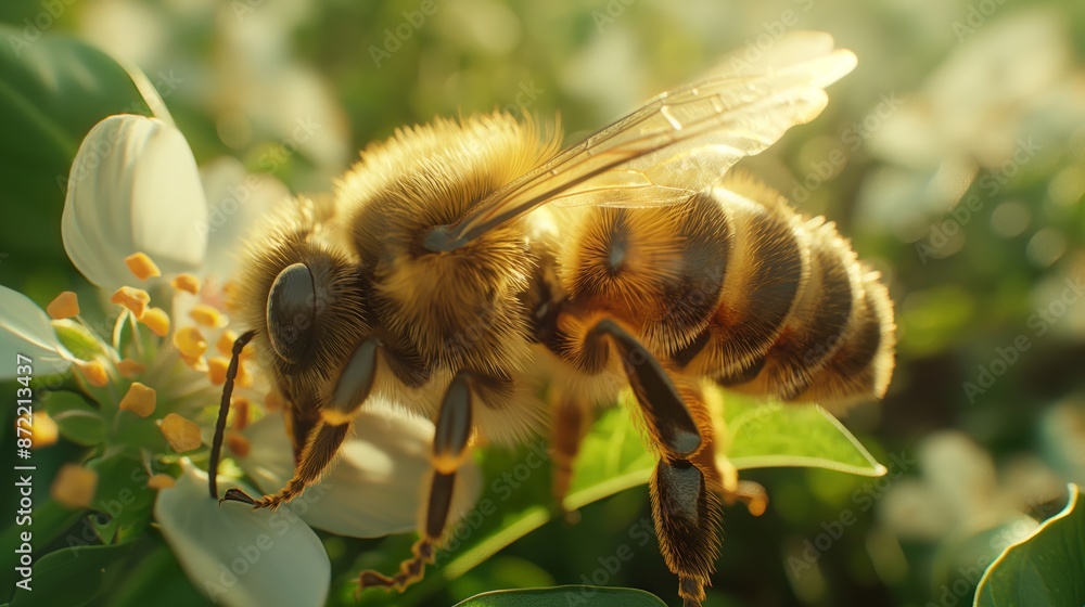 Soft sunlight bathes a honeybee as it busily explores the heart of a white blooming flower Soft sunlight bathes a honeybee as it busily explores the heart of a white blooming flower