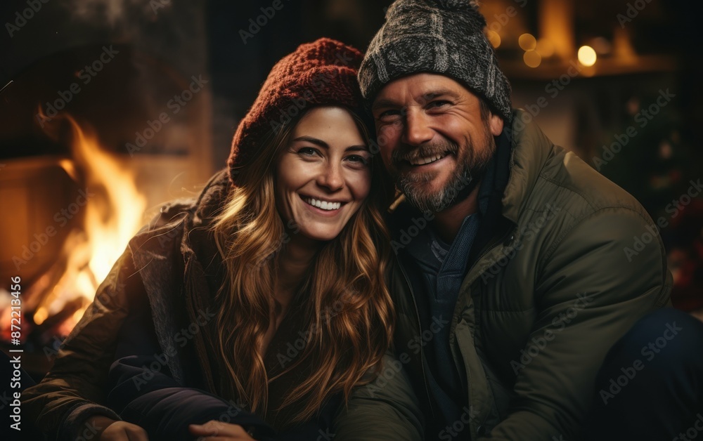 A couple wearing winter hats sits by a glowing fireplace during the Christmas season, sharing a warm smile A couple wearing winter hats sits by a glowing fireplace during the Christmas season, sharing a warm smile