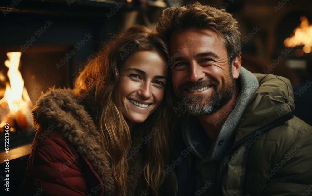A couple smiles warmly, enjoying the warmth of a fireplace on a cold winter evening A couple smiles warmly, enjoying the warmth of a fireplace on a cold winter evening