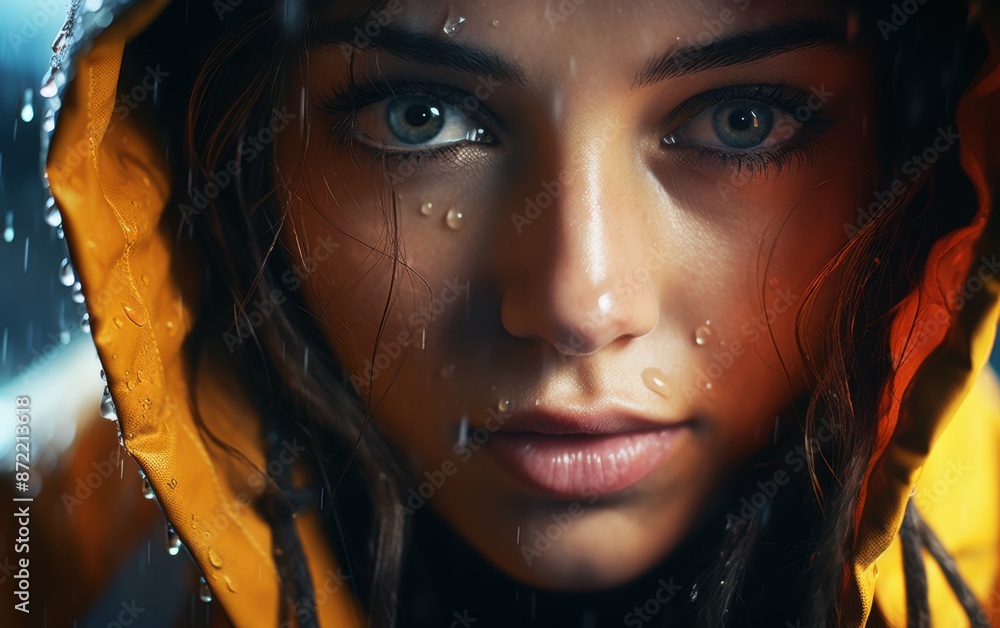 A close-up portrait of a woman in a yellow raincoat, with raindrops falling on her face and hair A close-up portrait of a woman in a yellow raincoat, with raindrops falling on her face and hair