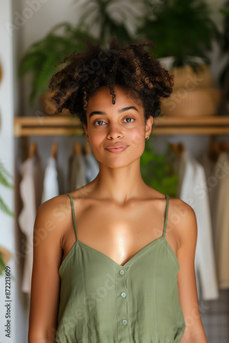 Individual trying on organic cotton shirt in sustainable fashion boutique, illustrating eco-friendly wardrobe choices  © fotogurmespb