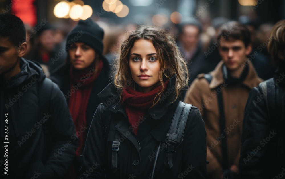 A young woman with brown, curly hair and blue eyes stands out in a crowd of people wearing winter coats A young woman with brown, curly hair and blue eyes stands out in a crowd of people wearing winter coats