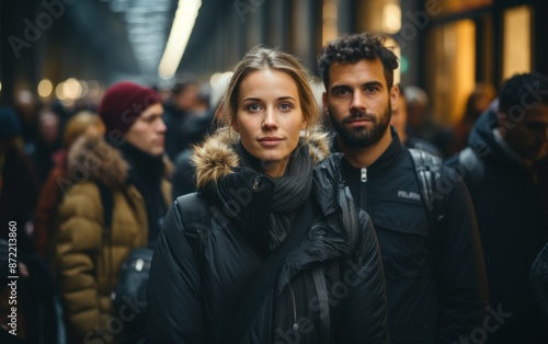 A young couple in winter coats stands out on a busy city street. The woman gazes at the camera as the man looks off to the side © imagineRbc