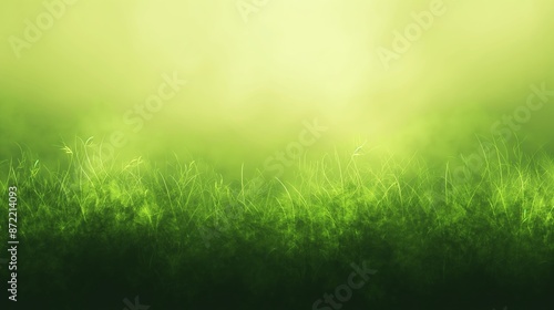 Misty light bathes a vibrant green field of grass, evoking a dreamy and ethereal ambiance