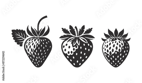 Set of strawberries, silhouettes and strawberries icons isolated on white background.	
