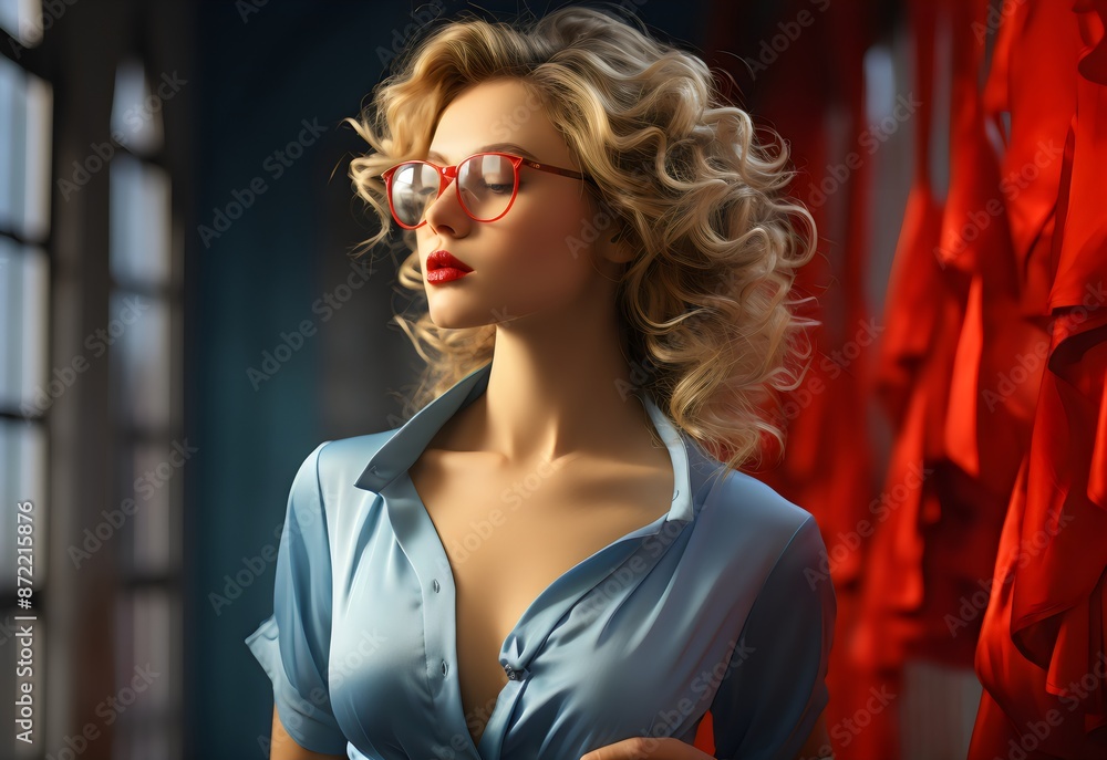 Stylish Woman with Dark Glasses, Red Lips, and Charm Shirt - AI Generated Stylish Woman with Dark Glasses, Red Lips, and Charm Shirt - AI Generated
