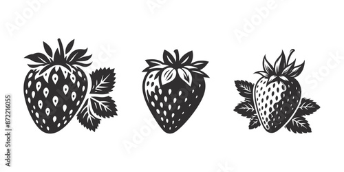 Set of strawberries, silhouettes and strawberries icons isolated on white background.	