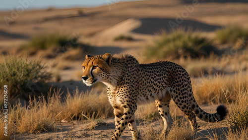 Side View Of Cheetah Walking On Field, Ilembula, Tanzania., Generative AI

