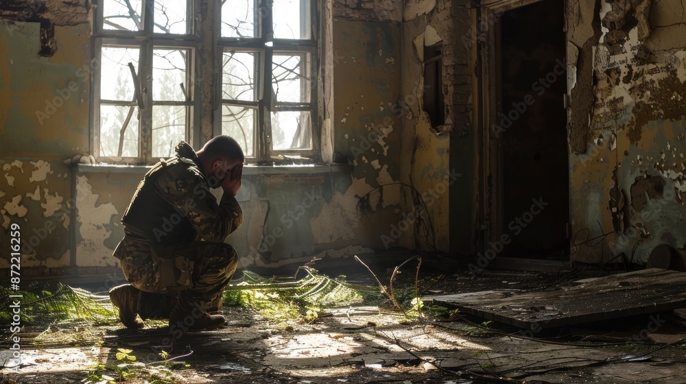 Fototapeta premium soldier kneeling praying in an abandoned building