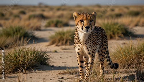 Side View Of Cheetah Walking On Field, Ilembula, Tanzania., Generative AI

