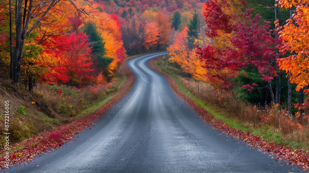 Naklejka premium A winding road meanders through a vibrant autumn forest, bursting with fiery reds, oranges, and yellows, creating a mesmerizing pathway.