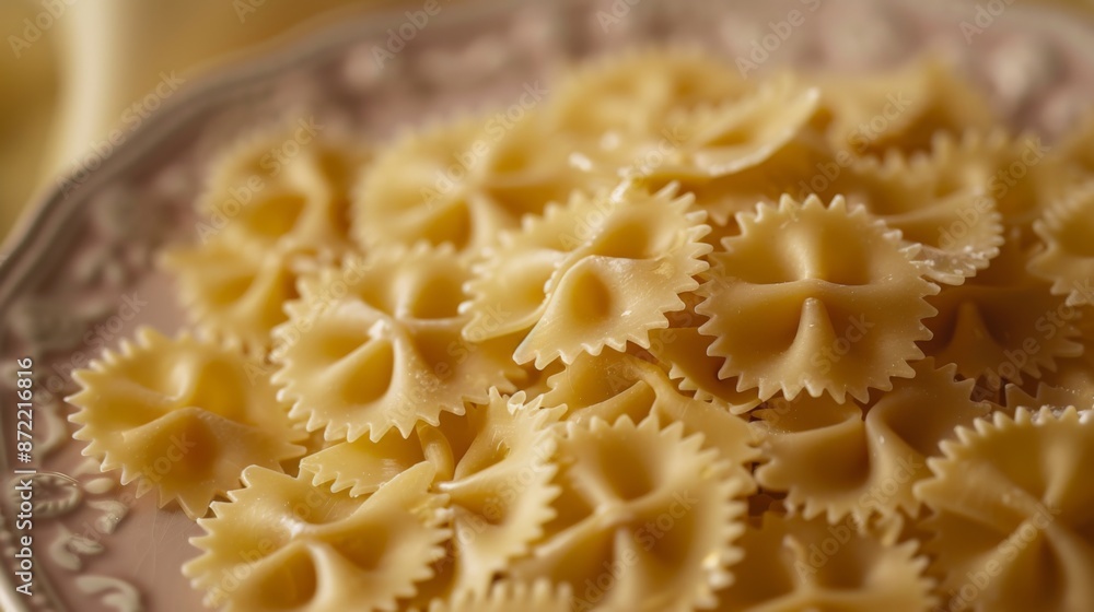 This image shows a close-up of uncooked farfalle pasta, also known as bow-tie pasta, neatly arranged on a decorative plate, highlighting the intricate details of the pasta shape. This image shows a close-up of uncooked farfalle pasta, also known as bow-tie pasta, neatly arranged on a decorative plate, highlighting the intricate details of the pasta shape.