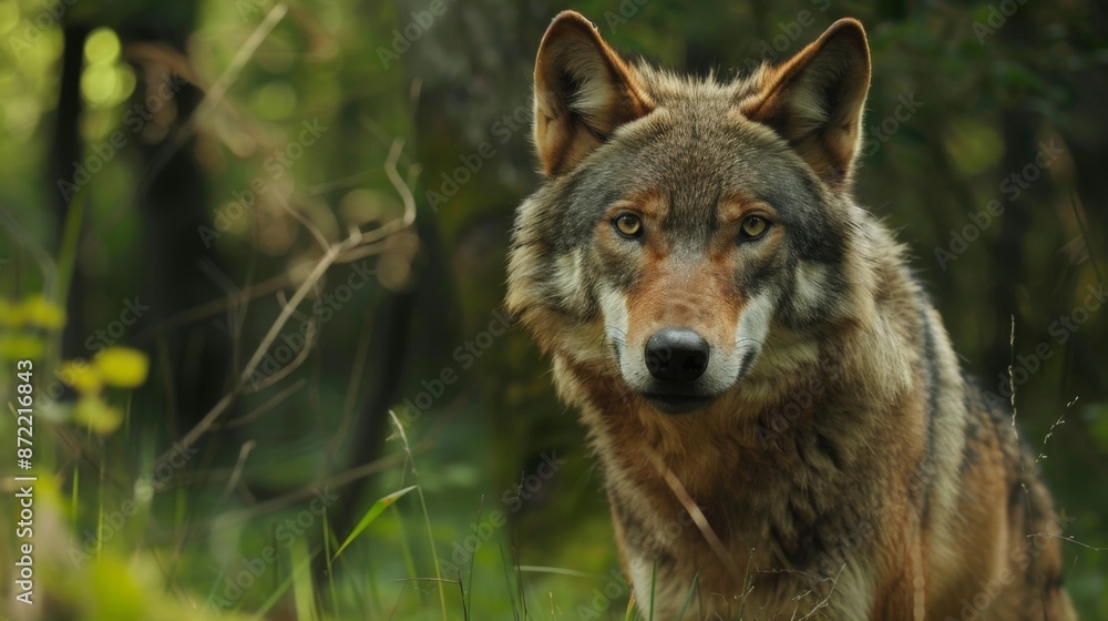 A stunning image of a wolf standing in a lush, green forest with focused eyes, capturing the essence of wildlife and nature's majesty, radiating calm and alertness.