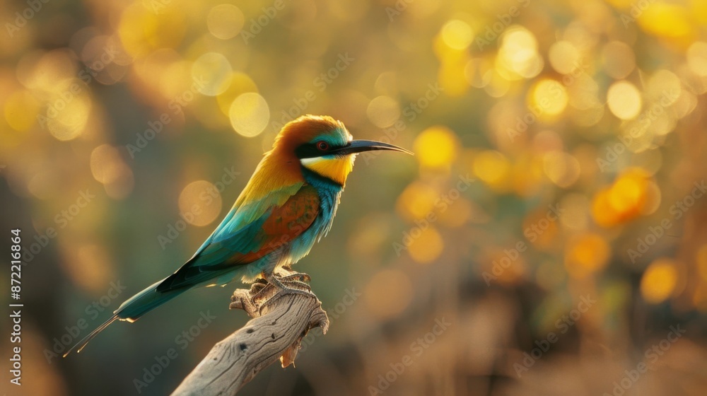 A stunning photograph features a colorful bird, likely a bee-eater, perched on a branch with a beautiful golden bokeh background, capturing the essence of tranquility and nature's beauty. A stunning photograph features a colorful bird, likely a bee-eater, perched on a branch with a beautiful golden bokeh background, capturing the essence of tranquility and nature's beauty.
