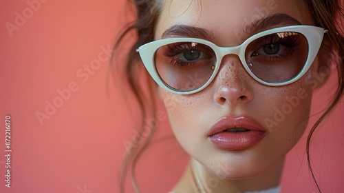 Wallpaper Mural A close-up of a woman wearing fashionable white cat-eye glasses, with a pink background, highlighting her makeup and freckles in a high-resolution modern photographic style. Torontodigital.ca