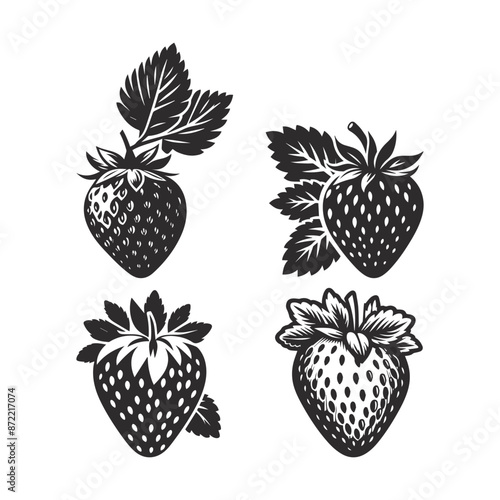 Set of strawberries, silhouettes and strawberries icons isolated on white background.	