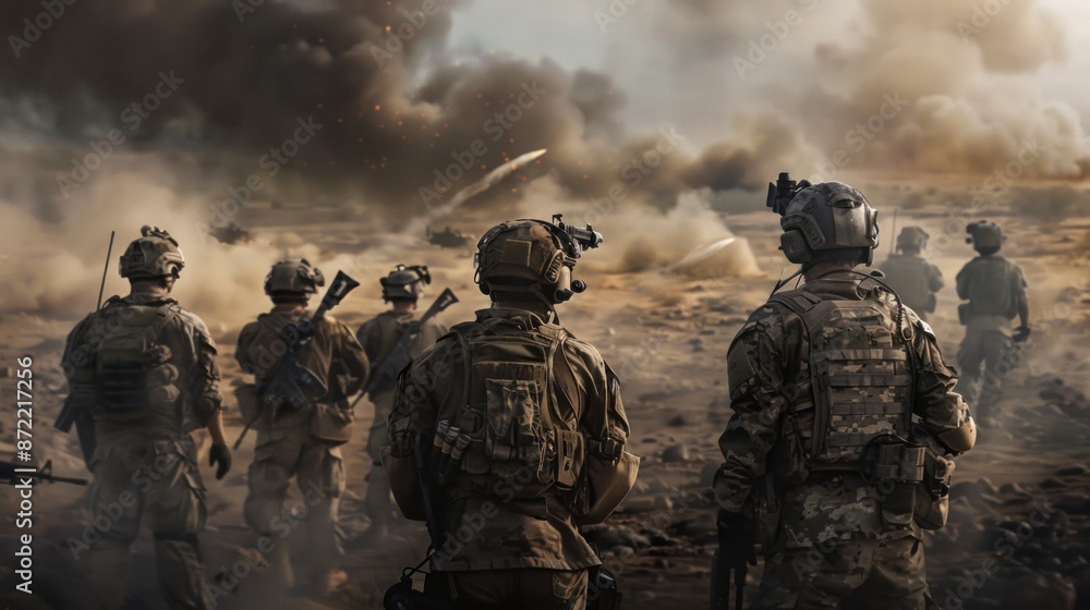 group of back soldiers in a war with full equipment group of back soldiers in a war with full equipment