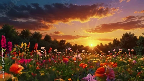 Colorful spring flowers in the sun. Various colored. Summer alpine meadow with colorful wildflowers. Camera moves among grass and colorful flowers, backlight, sunset, 4K Ultra HD resolution