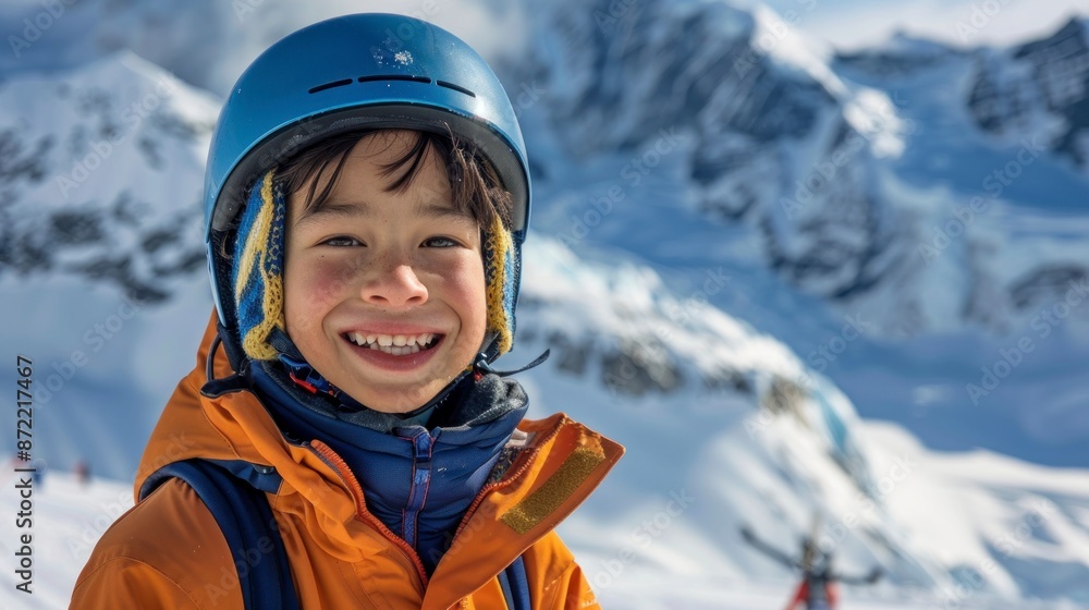 boy in a ski suit smiling at the camera on a snowy mountain boy in a ski suit smiling at the camera on a snowy mountain