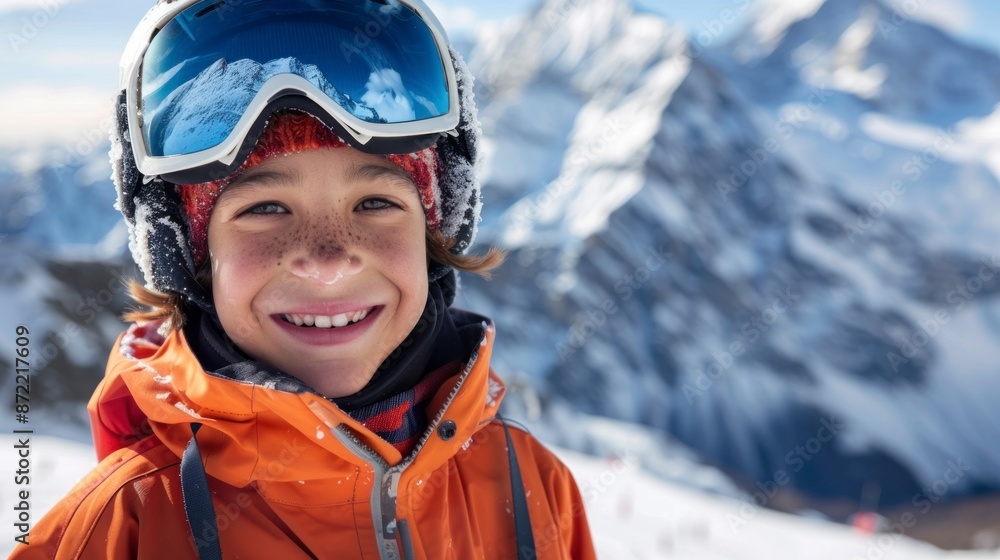 boy in a ski suit smiling at the camera on a snowy mountain boy in a ski suit smiling at the camera on a snowy mountain