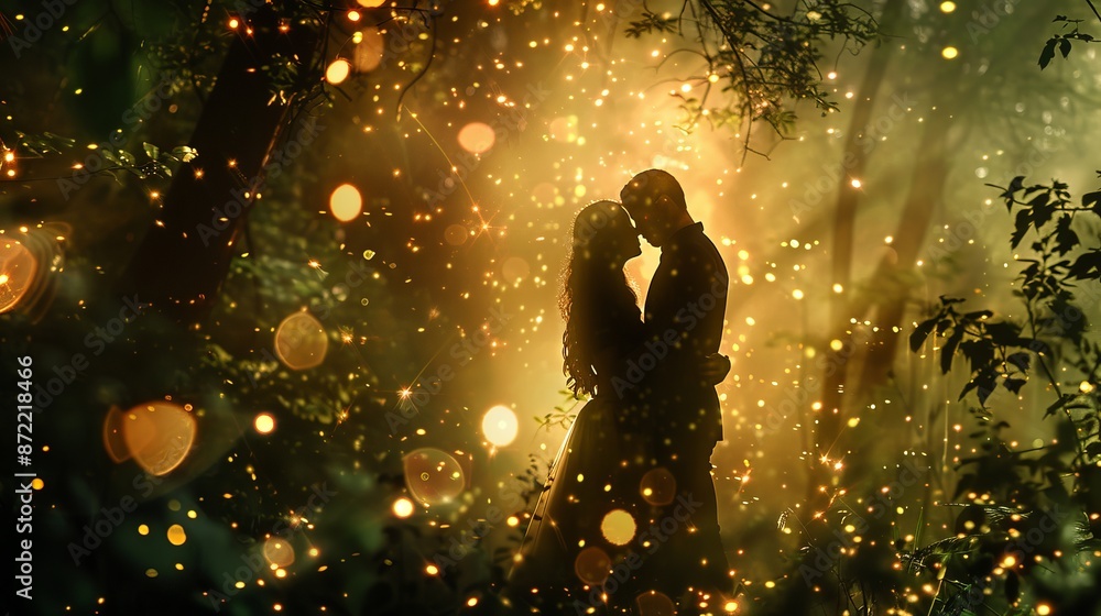 Ethereal double exposure image blending a couple's embrace with a surreal forest Ethereal double exposure image blending a couple's embrace with a surreal forest