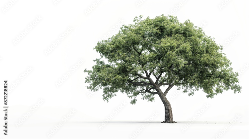Obraz premium A solitary tree with delicate green leaves gracefully occupies an isolated space against a pure white backdrop.