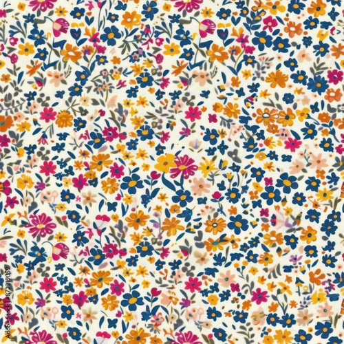 Seamless Folk Art Pattern of Colorful Small Flowers