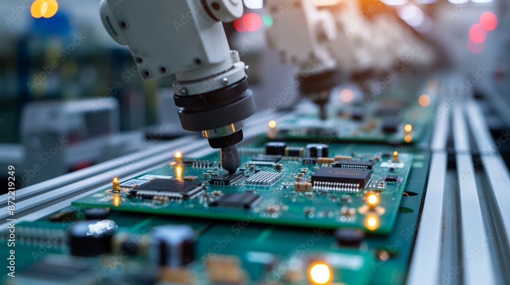 A robotic arm meticulously places components on a circuit board, illuminated by ambient factory lights. A robotic arm meticulously places components on a circuit board, illuminated by ambient factory lights.