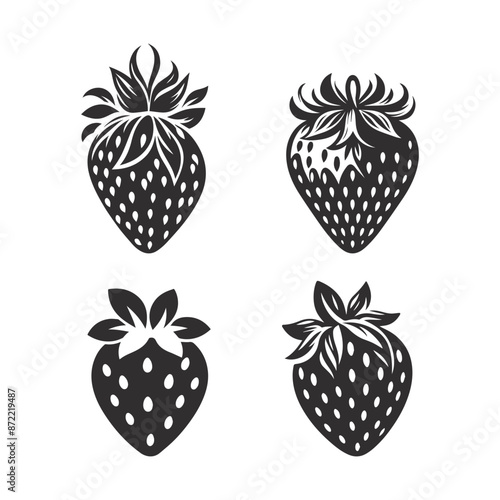 Set of strawberries, silhouettes and strawberries icons isolated on white background.	