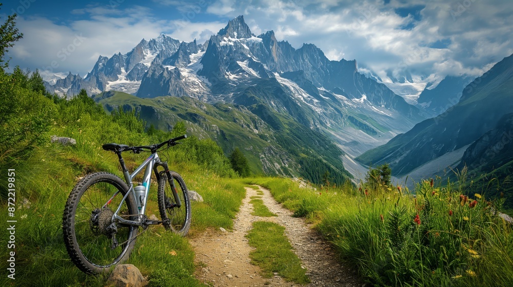 Fototapeta premium A mountain bike rests on a rugged trail, poised before a breathtaking view of sharp, snowy peaks under a clear blue sky