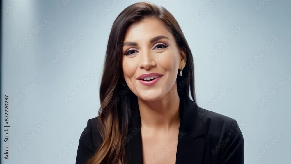 A woman speaking directly to a camera in a studio A woman speaking directly to a camera in a studio