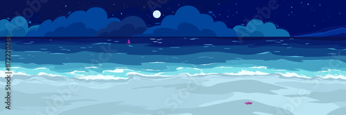 Seascape with azure waves, clouds, boat, sand and mountains in the distance. Vector colorful illustration in cartoon style. Night landscape in horizontal